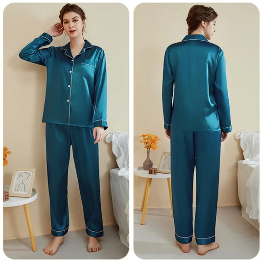 Silky Teal Pajama Set – Relaxed Satin Loungewear for Home