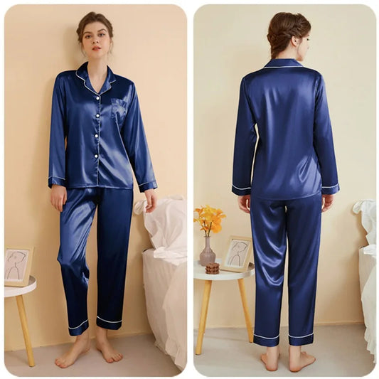 Elegant Blue Satin Pajama Set