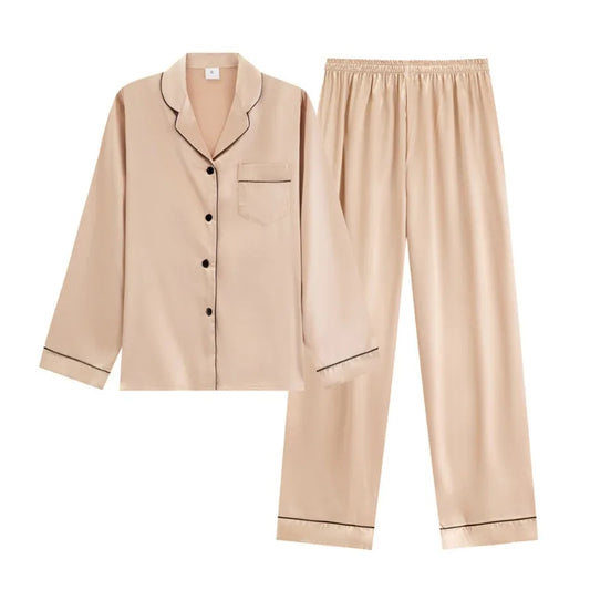 Beige Button-Up Pajama Set – Classic Women's Sleepwear