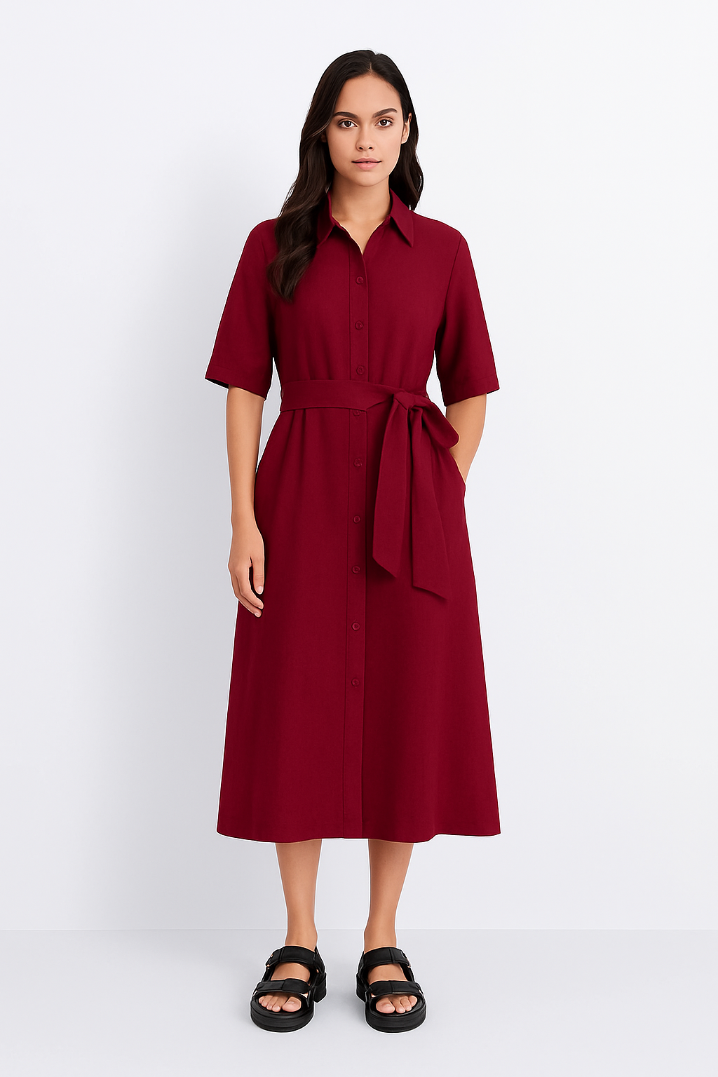 Burgundy Button-Down Midi Dress with Belt | Women’s Elegant Casual Outfit”