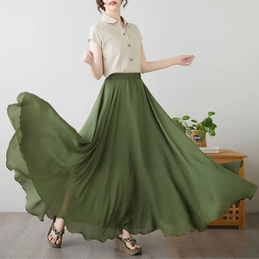 Grace in Green — Chiffon Skirt & White Top Set