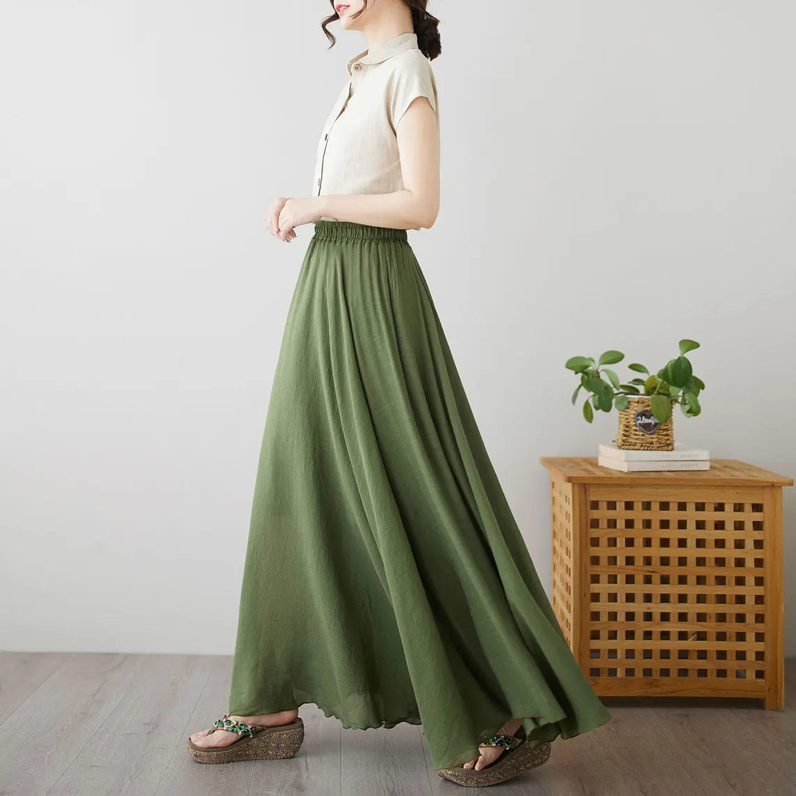 Grace in Green — Chiffon Skirt & White Top Set