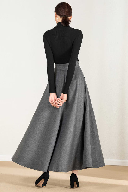 Elegant Grey Wool Skirt & Black Shirt Set