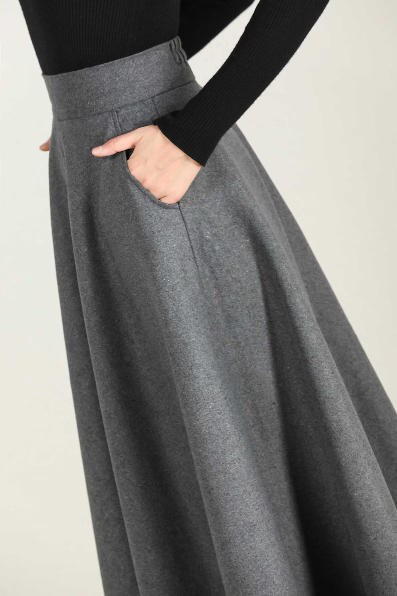 Elegant Grey Wool Skirt & Black Shirt Set