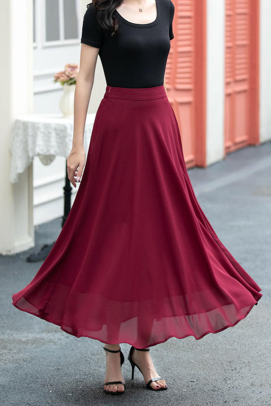 Red Chiffon Skirt with Elegant Black Shirt