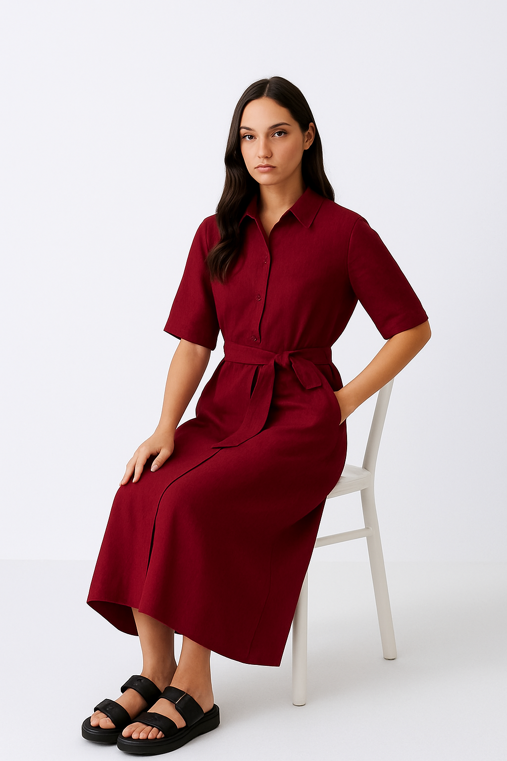 Burgundy Button-Down Midi Dress with Belt | Women’s Elegant Casual Outfit”
