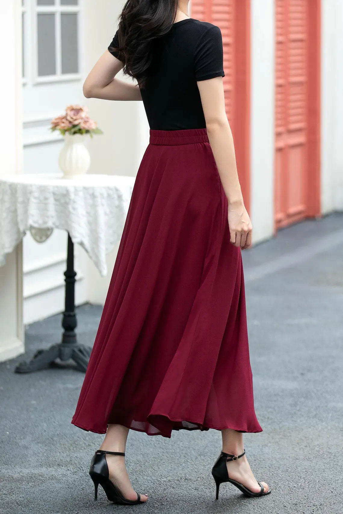 Red Chiffon Skirt with Elegant Black Shirt
