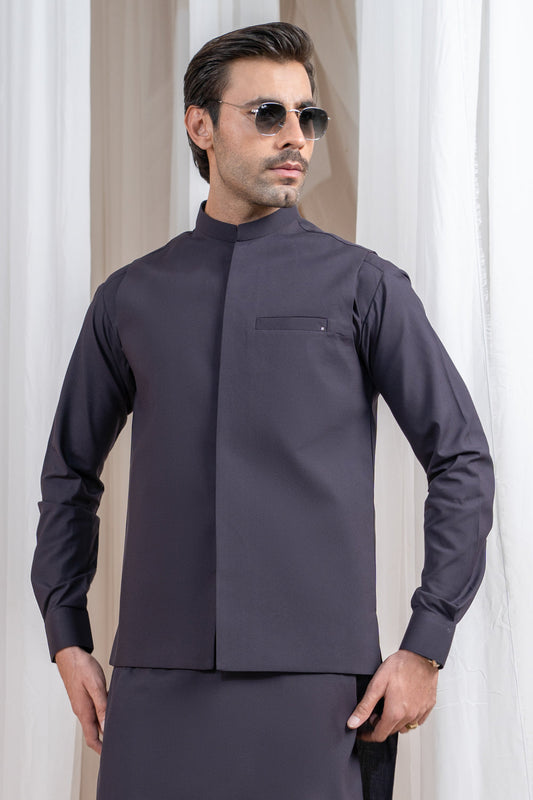 Burgundy Luxury Formal Kameez Shalwar with Blended Waistcoat - Straight Cut - Men