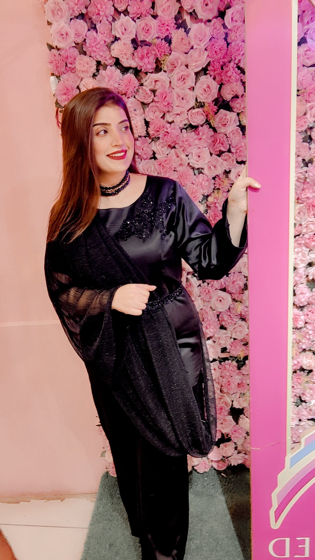 Black Integrated Jumpsuit with Attached Net Drape