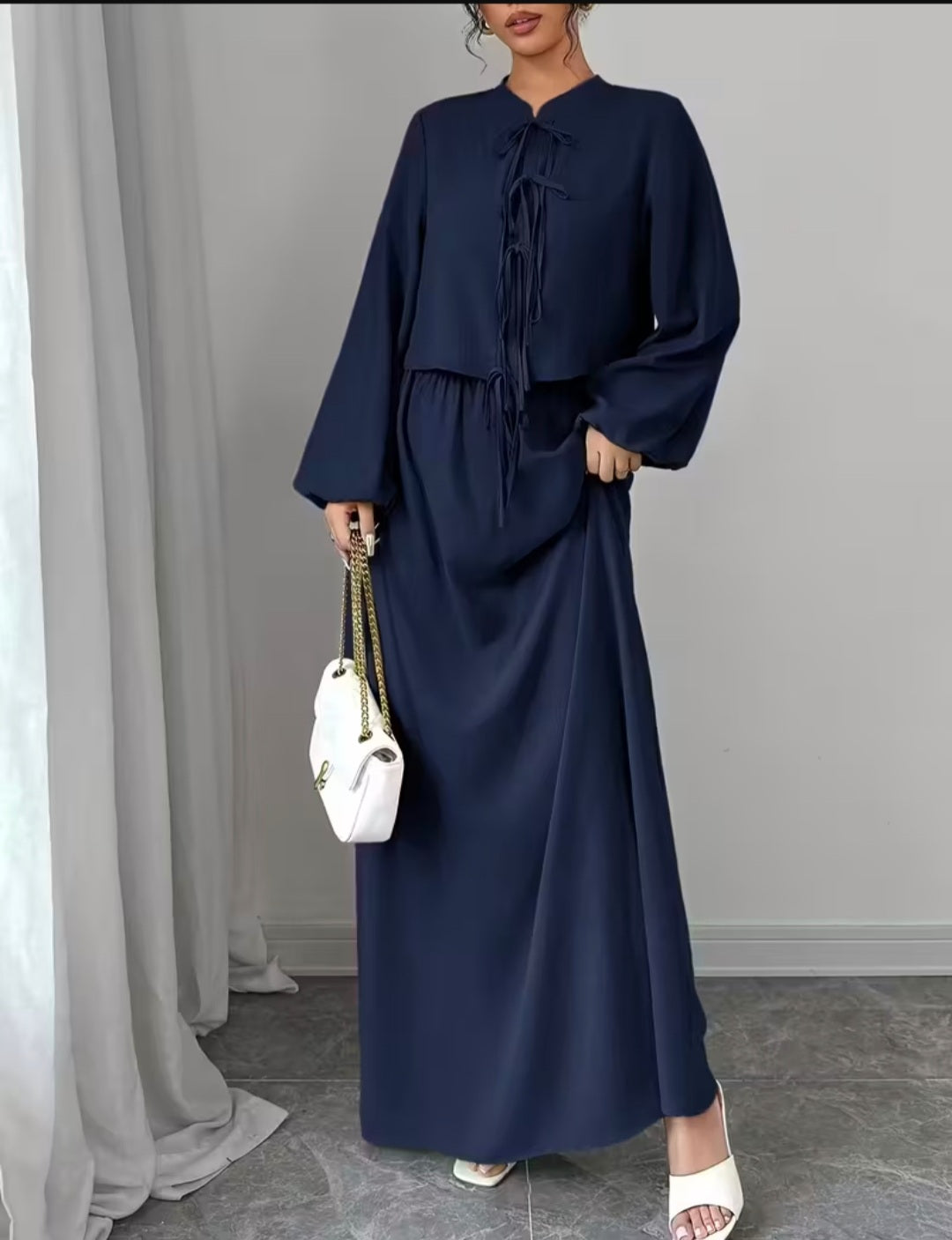 Navy Blue Dress with Long Sleeves & Matching Top – Elegant & Stylish Women’s Set
