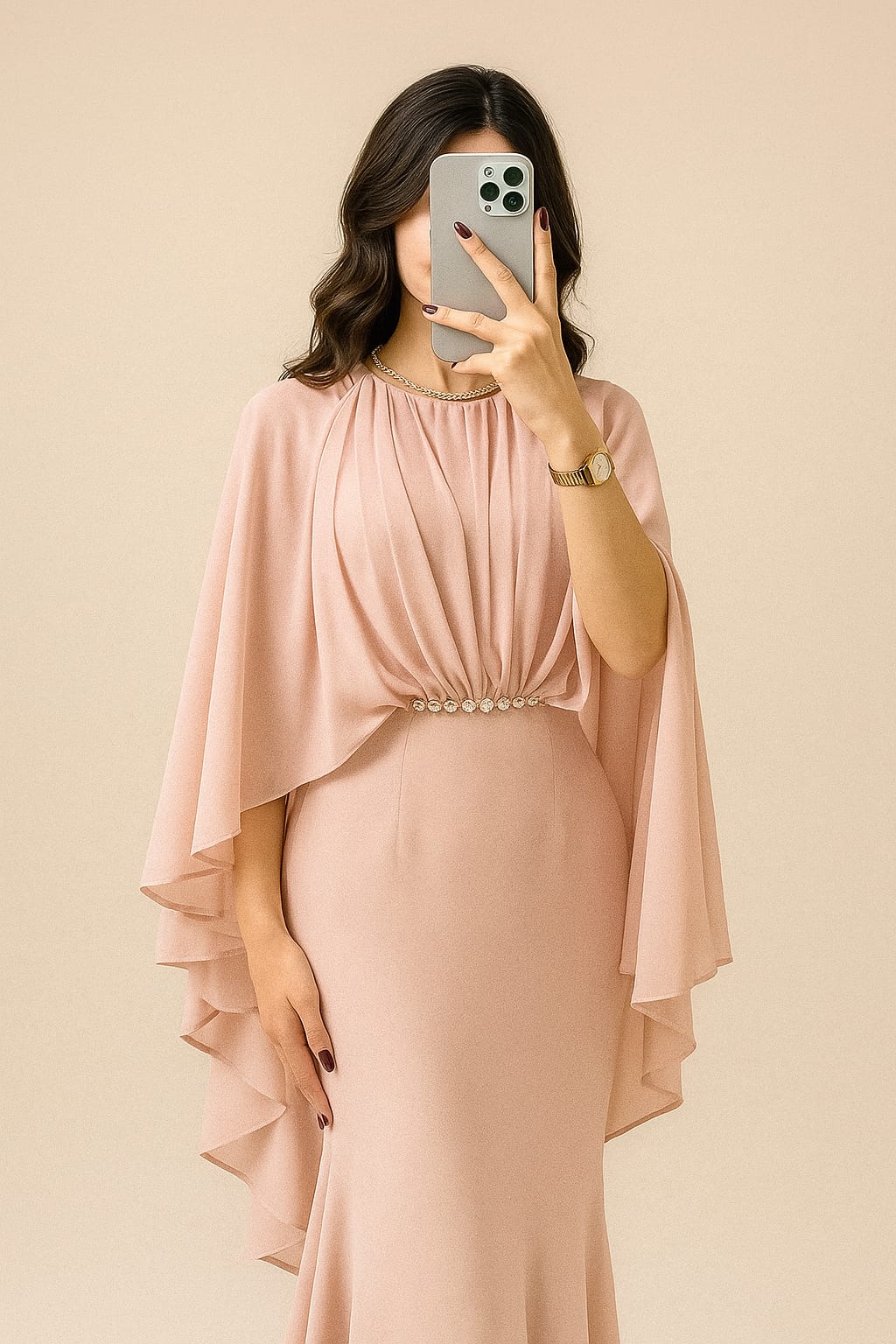 Flowy Pink Dress with Dramatic Cape – Timeless Elegance