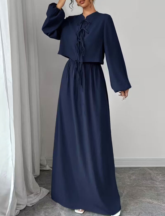 Navy Blue Dress with Long Sleeves & Matching Top – Elegant & Stylish Women’s Set