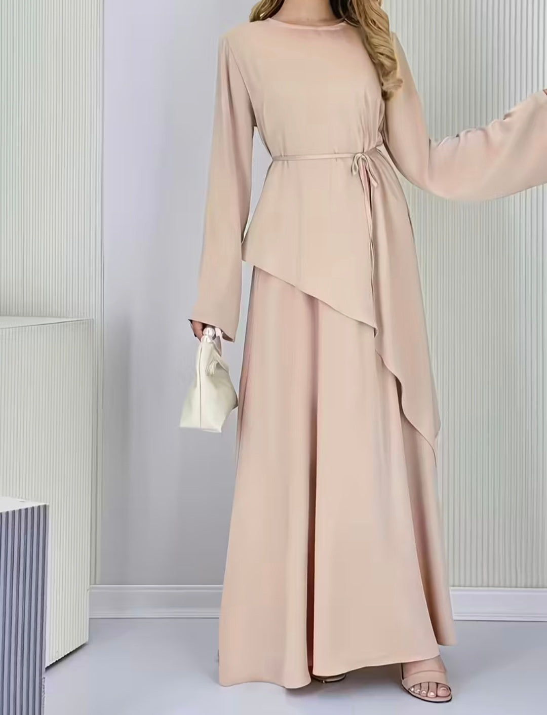 Beige Long Sleeve Dress with Layered Skirt – Elegant & Timeless Women’s Outfit