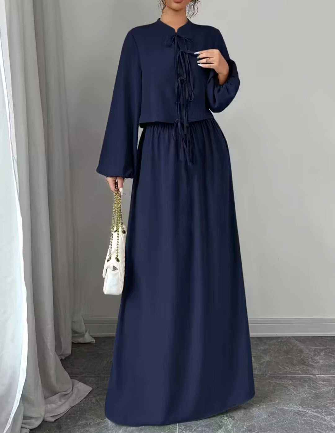 Navy Blue Dress with Long Sleeves & Matching Top – Elegant & Stylish Women’s Set