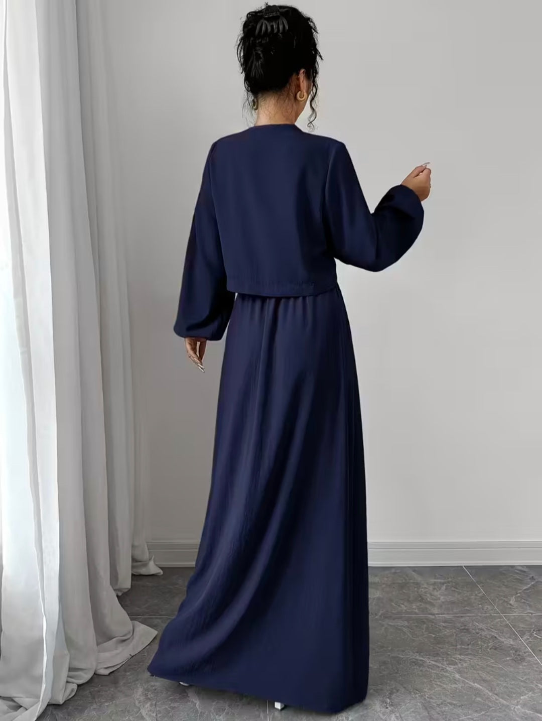 Navy Blue Dress with Long Sleeves & Matching Top – Elegant & Stylish Women’s Set