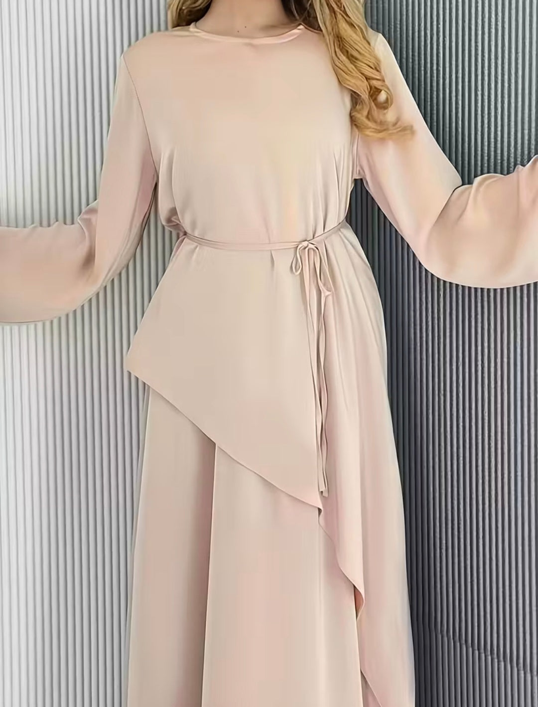 Beige Long Sleeve Dress with Layered Skirt – Elegant & Timeless Women’s Outfit