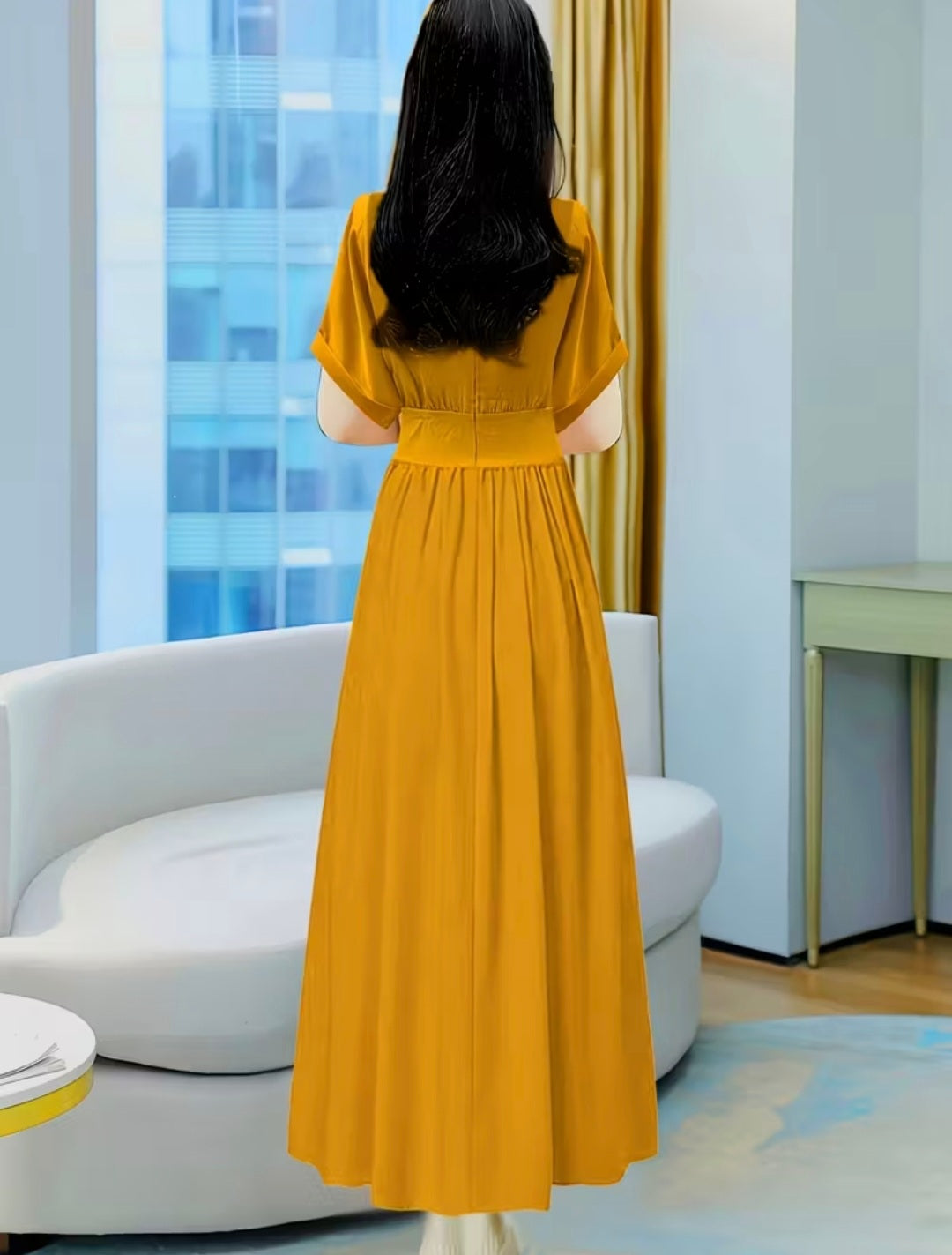 Mustard Yellow Full Flair Frock – Elegant & Flowy Women’s Dress