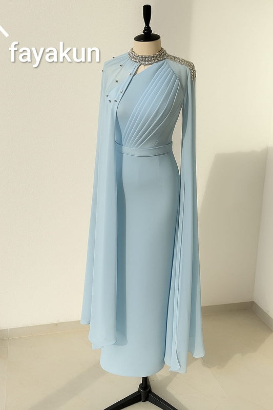 Beaded Neckline Light Blue Evening Dress – Timeless Elegance