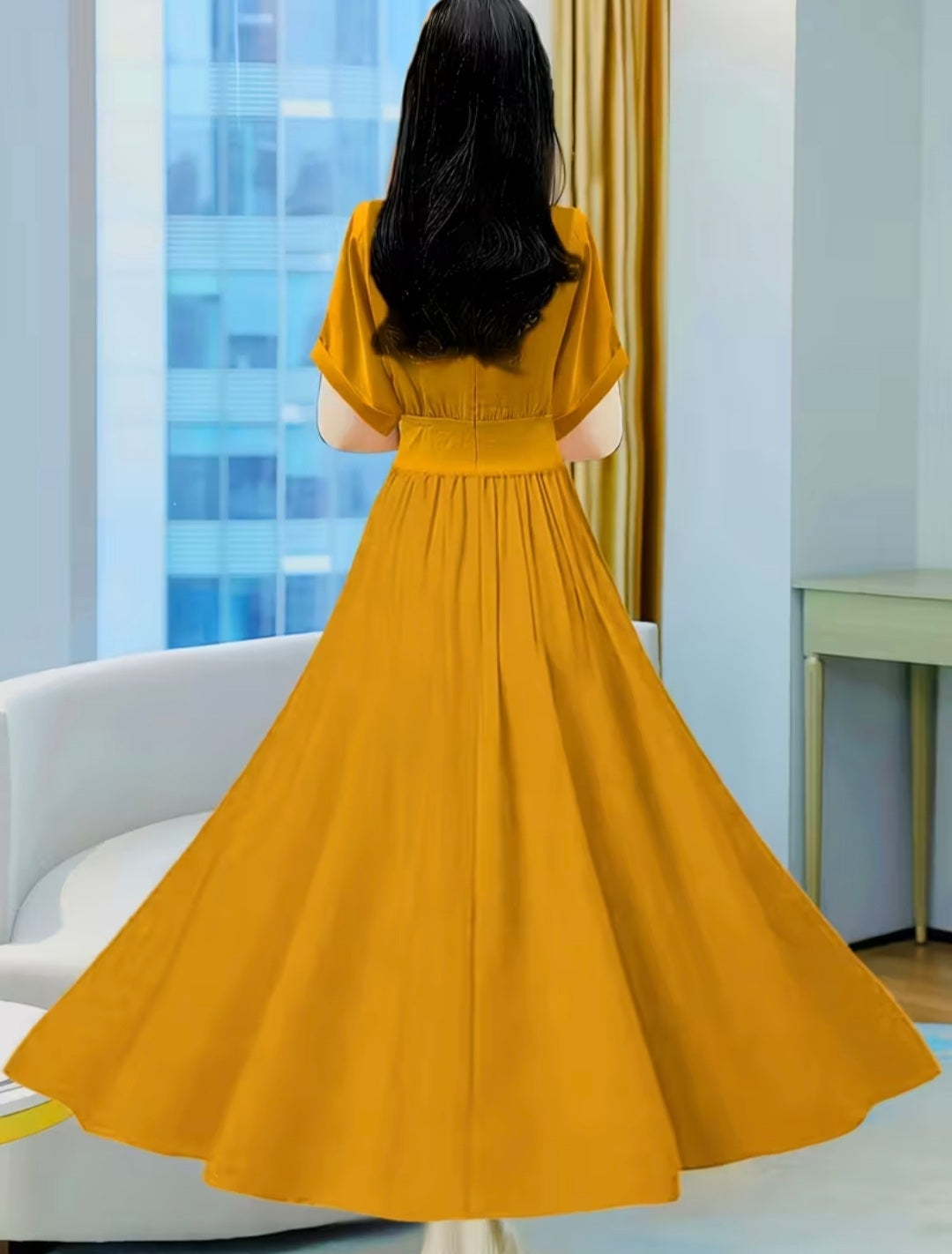Mustard Yellow Full Flair Frock – Elegant & Flowy Women’s Dress