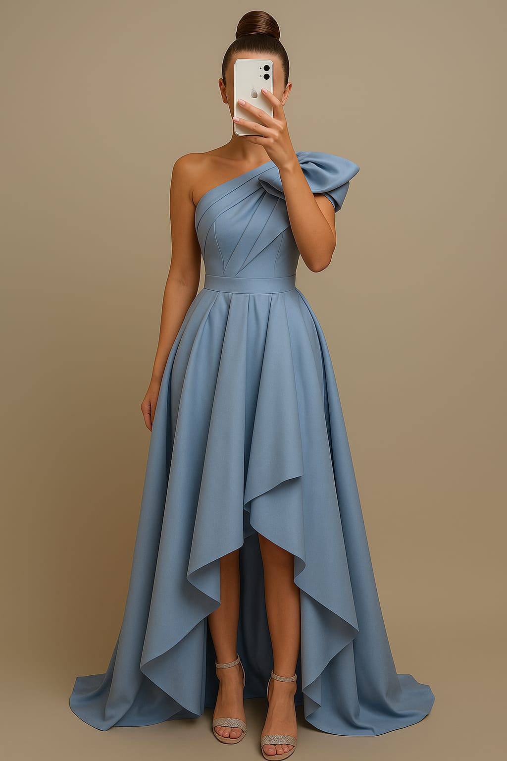 Women’s Light Blue One-Shoulder Dress – Elegant Beige Background Look