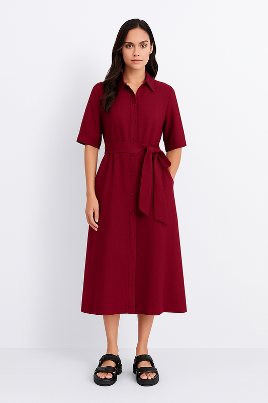 Burgundy Button-Down Midi Dress with Belt | Women’s Elegant Casual Outfit”