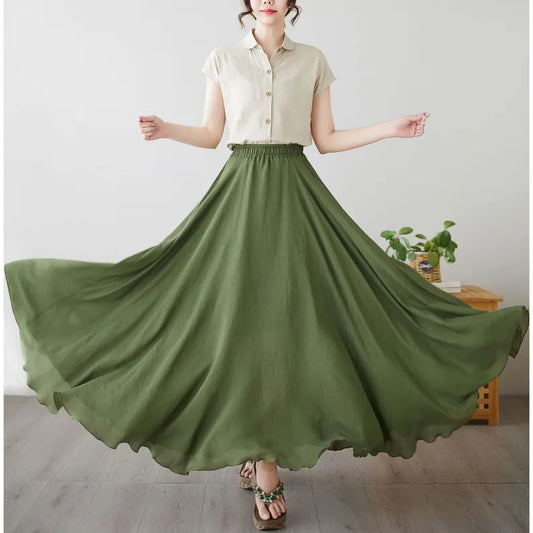Grace in Green — Chiffon Skirt & White Top Set