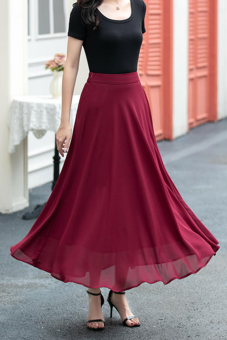 Red Chiffon Skirt with Elegant Black Shirt
