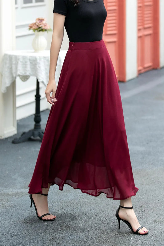 Red Chiffon Skirt with Elegant Black Shirt