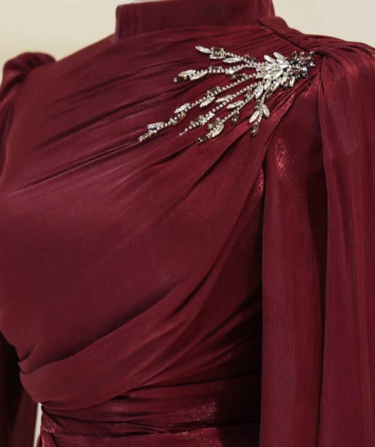 Rich Burgundy Dress with Ornate Brooch Accent