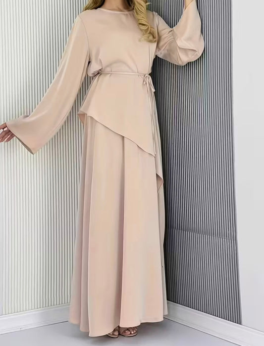 Beige Long Sleeve Dress with Layered Skirt – Elegant & Timeless Women’s Outfit
