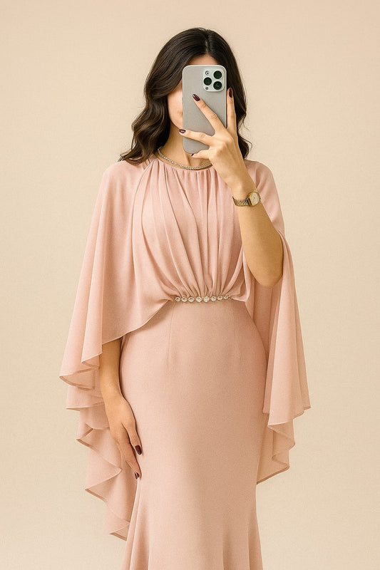 Flowy Pink Dress with Dramatic Cape – Timeless Elegance