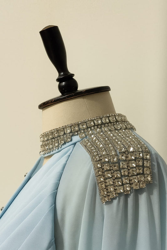 Beaded Neckline Light Blue Evening Dress – Timeless Elegance