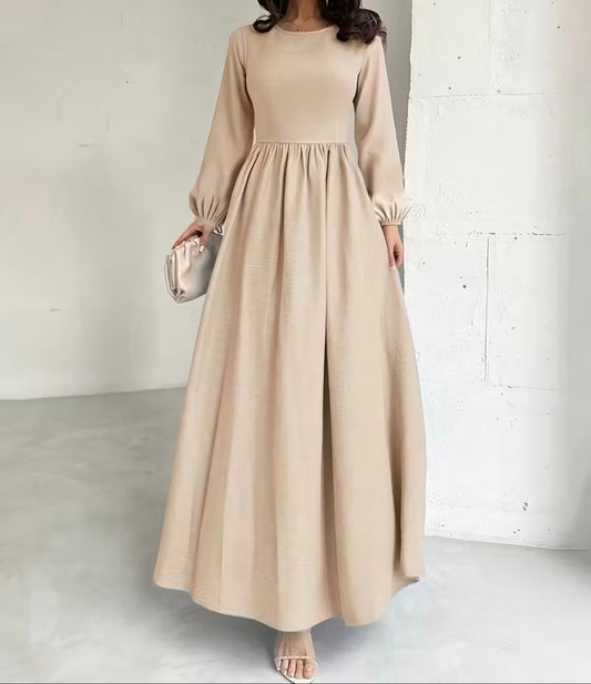 Beige Long-Sleeve Dress – Elegant, Minimal & Timeless Women’s Outfit