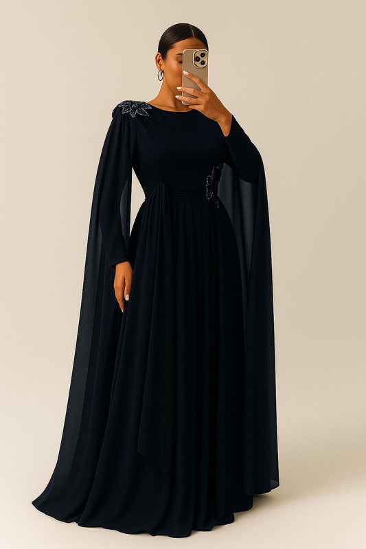 Classic Black Dress with Attached Cape – Effortless Glamour