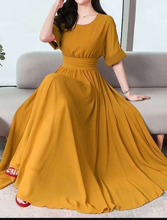 Mustard Yellow Full Flair Frock – Elegant & Flowy Women’s Dress