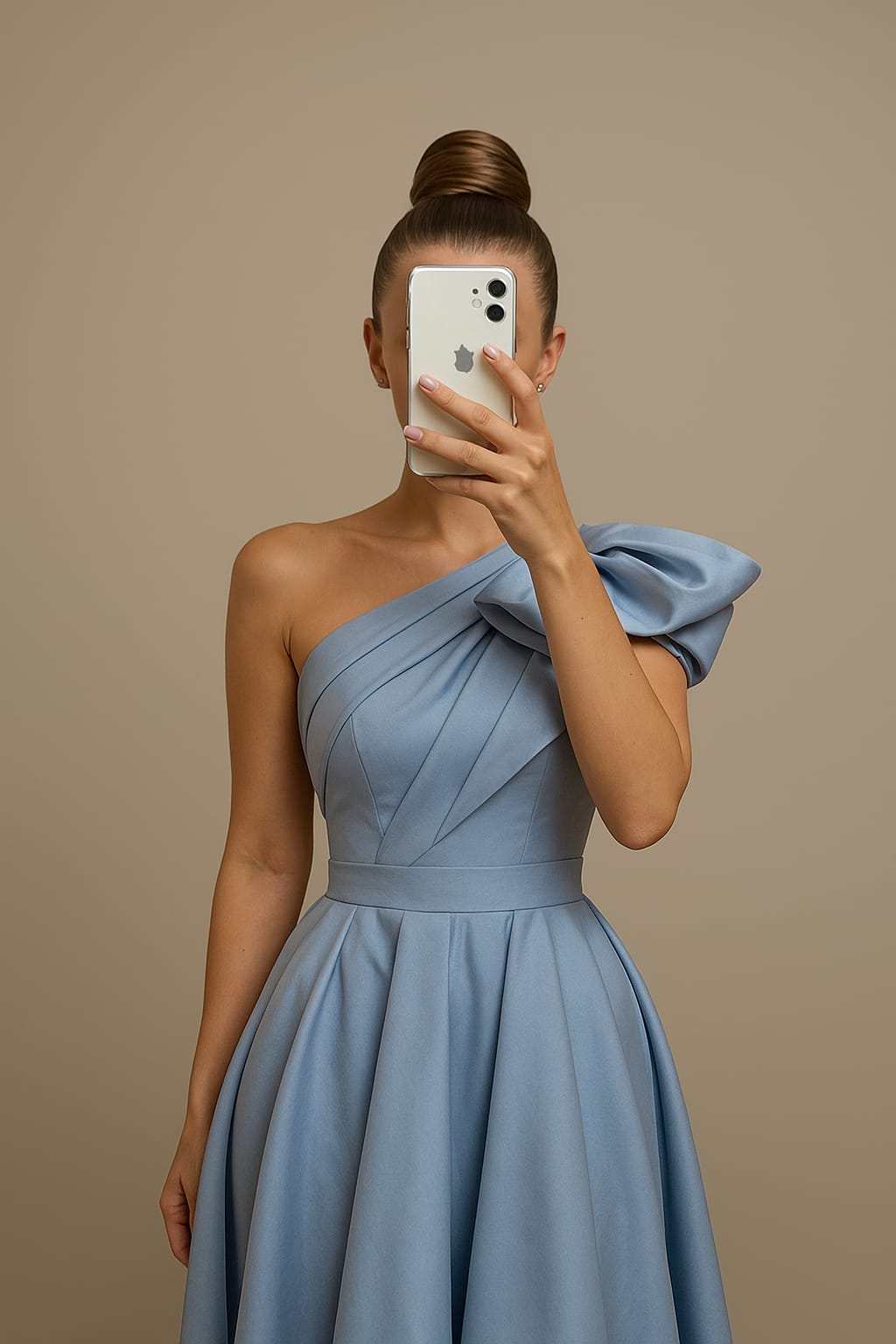 Women’s Light Blue One-Shoulder Dress – Elegant Beige Background Look